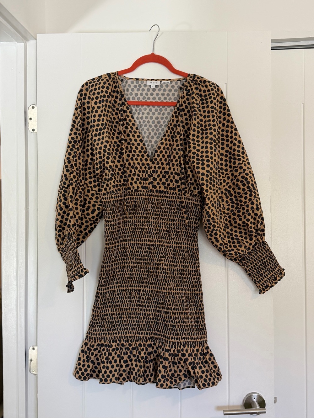 Rhode Polka Dot Smocked Waist V-Neck Dress - Tan/Black
